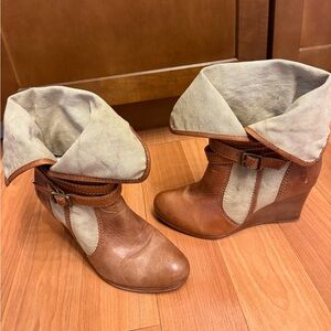 Brown and Cream Fold-Over Wedge Boots